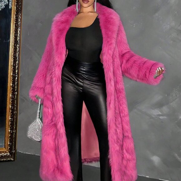 Hot Pink Casual Women's Plus Size Lapel Neck Loose Faux Fur Coat - Picture 1 of 6
